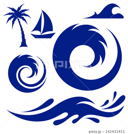 This is a set of blue vector illustrations depicting various oceanic motifs 142431451