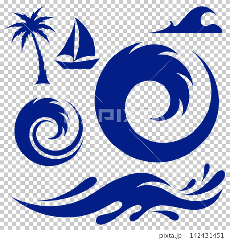 This is a set of blue vector illustrations depicting various oceanic motifs 142431451