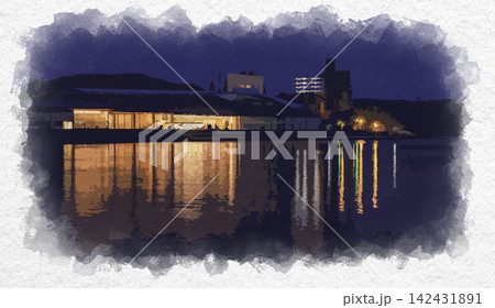 水彩画風 宍道湖の夕景 島根県立美術館 島根県松江市 水彩画風 宍道湖の夕景 島根県立美術館 島根県松江市 142431891