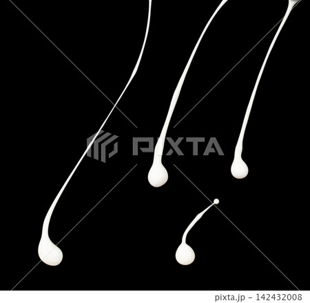 Paint Milk white lotion droplet fly splashing. Milk cream pour float to mid air. Moisturizer lotion explosion spill. Black background isolated high speed shutter freeze. White Paint splash up in line 142432008