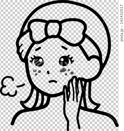 Illustration of a woman troubled by blemishes; a cute line drawing showing her concern about skin problems and rough skin. Illustration of a woman troubled by blemishes; a cute line drawing showing her concern about skin problems and rough skin. 142432017