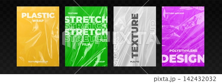 Plastic wrap mockup. Stretch film texture, realistic transparent cover wrapper clear shiny foil pouch pack sleeve cellophane material wrinkle grunge shrink 3d vector illustration Plastic wrap mockup. Stretch film texture, realistic transparent cover wrapper clear shiny foil pouch pack sleeve cellophane material wrinkle grunge shrink 3d vector illustration 142432032