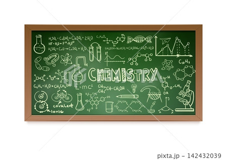 Chemistry chalkboard. Realistic school board with chemical formula symbols, scientific experiment synthesis math theory sketch blackboard student classroom 3d vector illustration Chemistry chalkboard. Realistic school board with chemical formula symbols, scientific experiment synthesis math theory sketch blackboard student classroom 3d vector illustration 142432039