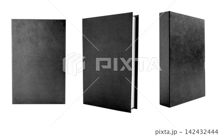 Three views of a blank black hardcover book mockup isolated on a white background, ideal for design presentation and branding. Study or education concept, 142432444