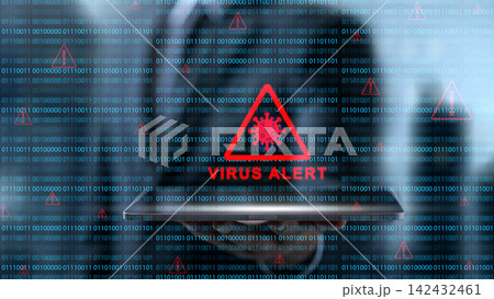 Businessman holding a digital tablet showing a red virus alert warning on a background of binary code. Concept of Technology Security Businessman holding a digital tablet showing a red virus alert warning on a background of binary code. Concept of Technology Security 142432461