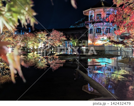 紅葉の水面に浮かぶ秋の夜中の庭園 紅葉の水面に浮かぶ秋の夜中の庭園 142432479