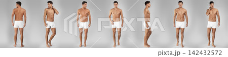 Collage of man in underwear on grey background. Banner design 142432572