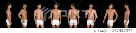 Collage of man in underwear on black background. Banner design 142432574