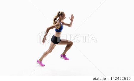 High knee sprint action demonstrating technical running mechanics 142432610