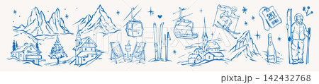 Ski mountain doodle illustration, Alps winter resort icon set whimsical holiday adventure graphic. Ski mountain doodle illustration, Alps winter resort icon set whimsical holiday adventure graphic. 142432768