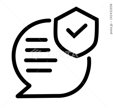 A secure chat balloon icon with a shield and a checkmark inside, featuring clean black lines on a white background, representing safe communication, data privacy, and verified messaging 142432836