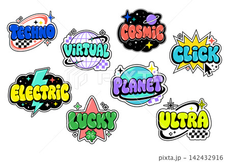 Y2K retro futuristic sticker vector set Y2K retro futuristic sticker vector set 142432916