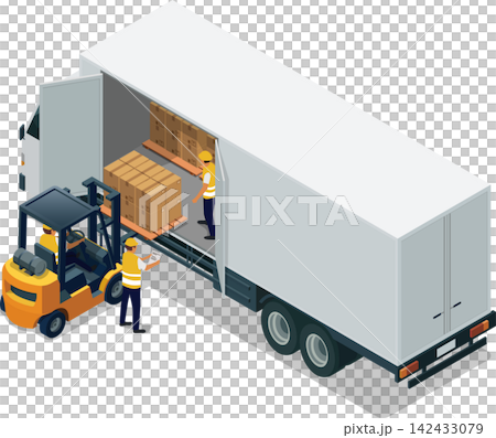Loading cargo into truck with forklift and workers 142433079
