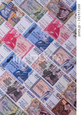 Iceland, Icelandic paper banknotes krona for settlements and financial transactions. Icelandic krona 142433168