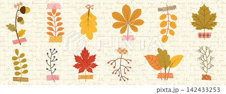 Vector autumn leaves and sprigs taped with washi paper, Cute fall herbarium set for journaling and scrapbooking crafts Vector autumn leaves and sprigs taped with washi paper, Cute fall herbarium set for journaling and scrapbooking crafts 142433253