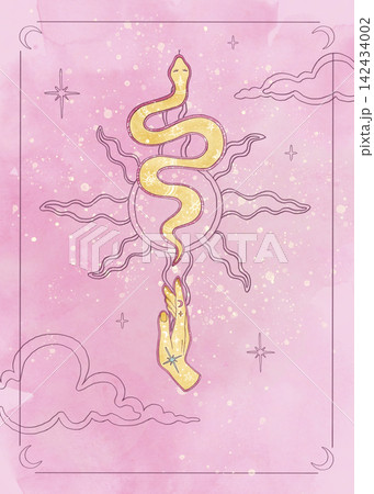 Esoteric template with watercolor mystical snake, hands, hand drawn line art sun and copy space on pink background. Boho magic cute girly illustration for tarot, affirmation cards, poster, stationery 142434002