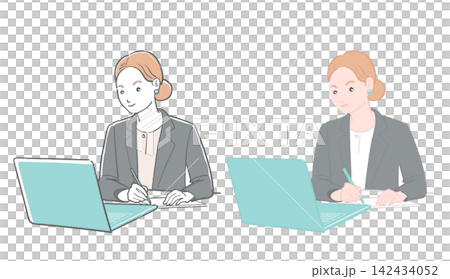 An illustration of an employee working on a computer while taking notes. An illustration of an employee working on a computer while taking notes. 142434052