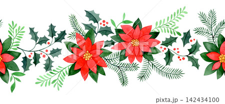 Seamless Christmas garland of winter plants. Watercolor illustration. 142434100