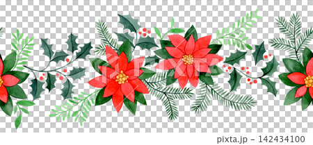 Seamless Christmas garland of winter plants. Watercolor illustration. 142434100