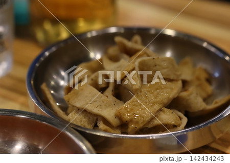 Bowl of Cooked Tofu Pieces in Metal Bowl Bowl of Cooked Tofu Pieces in Metal Bowl 142434243