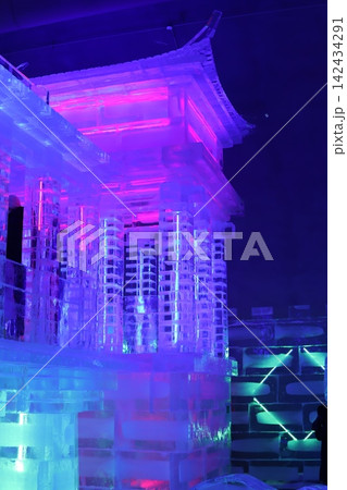 Illuminated Ice Sculpture with Vibrant Neon Lights 142434291