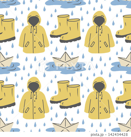 Cute rainy seamless pattern with yellow raincoats and raindrops. Autumn vector background. 142434428