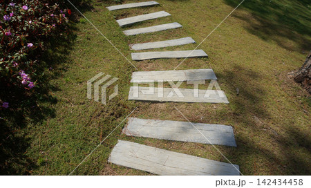 Wooden stepping stones in garden lawn 142434458