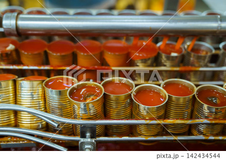 Rows of tin cans filled with tomato sauce on a conveyor belt in a factory Rows of tin cans filled with tomato sauce on a conveyor belt in a factory 142434544
