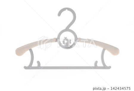 White plastic baby clothes hanger isolated on white background 142434575
