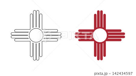 Zia black contour, red symbols set. New Mexico state flat logo black, red outline layouts. Ancient native Americans simple silhouette sign icon, sticker, badge. Zia black contour, red symbols set. New Mexico state flat logo black, red outline layouts. Ancient native Americans simple silhouette sign icon, sticker, badge. 142434597