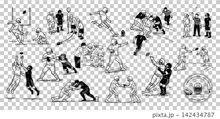 A collection of line art illustrations of basic movements and character poses in American football. A collection of line art illustrations of basic movements and character poses in American football. 142434787