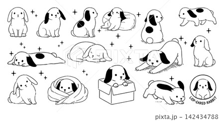 垂れ耳うさぎのペン画イラストセット(日常ポーズ集) 垂れ耳うさぎのペン画イラストセット(日常ポーズ集) 142434788