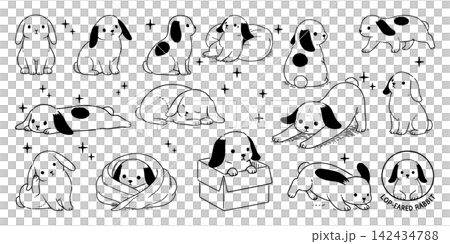 垂れ耳うさぎのペン画イラストセット(日常ポーズ集) 垂れ耳うさぎのペン画イラストセット(日常ポーズ集) 142434788