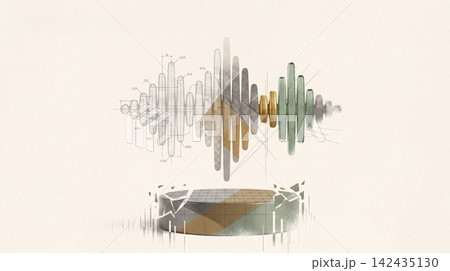 Abstract sound wave visualization floating above a fractured geometric platform Abstract sound wave visualization floating above a fractured geometric platform 142435130