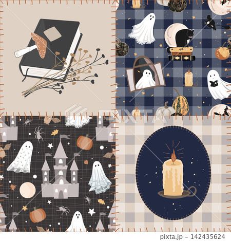 Seamless Halloween patchwork pattern with cute ghosts, candles, magic book, and stylized sews. Cute and cozy Halloween background. Vector illustration. Seamless Halloween patchwork pattern with cute ghosts, candles, magic book, and stylized sews. Cute and cozy Halloween background. Vector illustration. 142435624