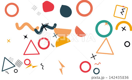 Retro memphis graphic elements in warm tones with circles and triangles for web background Retro memphis graphic elements in warm tones with circles and triangles for web background 142435836