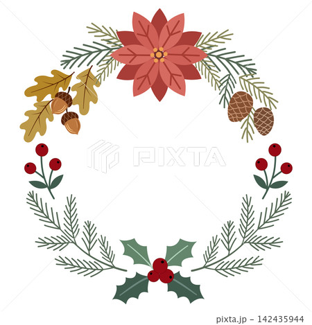 Festive Christmas wreath illustration with a large red poinsettia flower, holly leaves, red berries, oak leaves, acorns, and pinecones arranged in an elegant open circular frame on a white background. Festive Christmas wreath illustration with a large red poinsettia flower, holly leaves, red berries, oak leaves, acorns, and pinecones arranged in an elegant open circular frame on a white background. 142435944