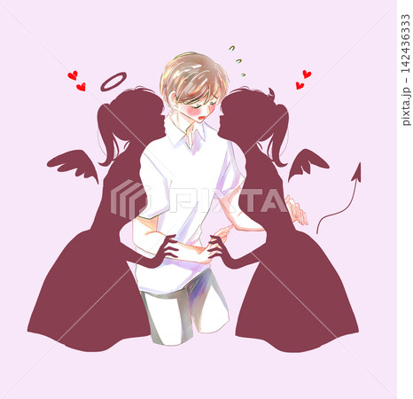 天使と悪魔に挟まれている男性 赤面 困惑 シルエット 天使と悪魔に挟まれている男性 赤面 困惑 シルエット 142436333