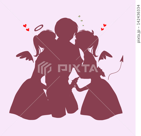 天使と悪魔に挟まれている男性　困惑　シルエット 142436334