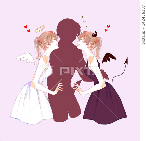 天使と悪魔に挟まれている男性 困惑 シルエット 天使と悪魔に挟まれている男性 困惑 シルエット 142436337