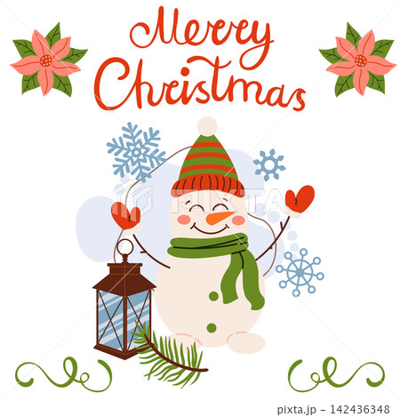 Vector illustration of a hand-drawn Christmas card with a happy snowman wearing a scarf and hat. Features a Merry Christmas lettering greeting, poinsettia flowers, snowflakes, and an old lantern. 142436348