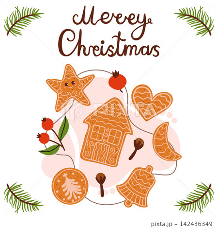 Vector illustration of a hand-drawn Christmas card featuring an assortment of festive gingerbread cookies. Includes a house, star, heart, bell, and treats below a Merry Christmas text greeting. 142436349