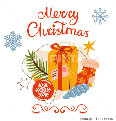 Vector illustration of a hand-drawn square Christmas greeting card with a large wrapped gift box and ornaments. Features Merry Christmas lettering, baubles, a stocking, pine branch, and snowflakes. 142436350