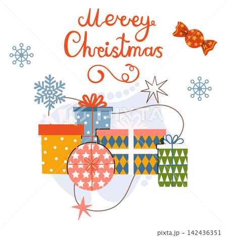 Vector illustration of a hand-drawn square Christmas card with a colorful pile of patterned gift boxes and candy. Features a Merry Christmas text greeting, delicate snowflakes, and festive stars. 142436351