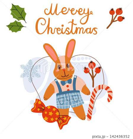 Vector illustration of a hand-drawn Christmas card with a cute rabbit character dressed in overalls. Features a Merry Christmas text greeting, sweet candy cane, wrapped sweet, and winter berries. 142436352