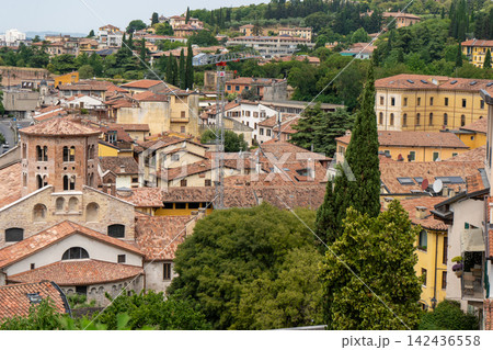 Scenic View of San Giovanni in Valle Church and Terracotta Roofs in Verona Old Town in Italy 142436558