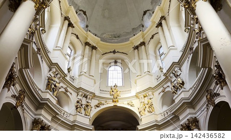 Interior view of a beautiful church showcasing ornate architecture, high ceilings and detailed decorations. Sacred space emphasizing the atmosphere of peace, spirituality and historical character 142436582