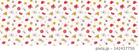 Funky groovy cartoon with hearts, flowers and candy 142437750