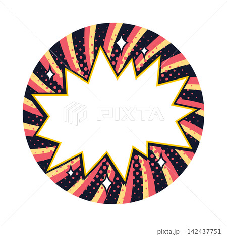 Circle comic sticker with starburst jagged text box and halftone dots on navy, pink and yellow radial rays. Comic sticker with spark accents. Ideal for promo labels, sale posters. 142437751
