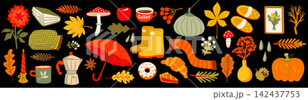 Autumn sticker set with pumpkin, coffee and cozy fall food like croissant, donut and apple pie. Umbrella, boots and knitted scarf sit on black background among mushrooms and warm autumn leaves Autumn sticker set with pumpkin, coffee and cozy fall food like croissant, donut and apple pie. Umbrella, boots and knitted scarf sit on black background among mushrooms and warm autumn leaves 142437753